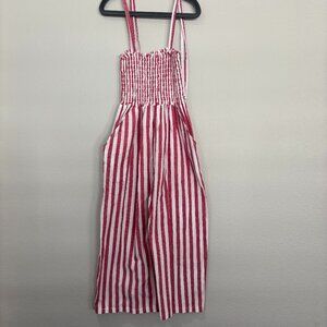 Knotted Fern red and white strip wide leg jumpsuit, smocked top, shoulder ties